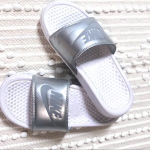 Nike silver & white slides